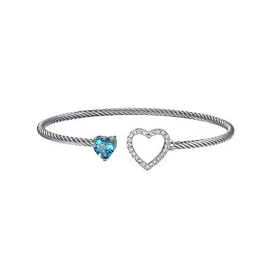Classic Treasures Sterling Silver London Blue Topaz & Lab-Created White Sapphire Heart Cuff Bracelet