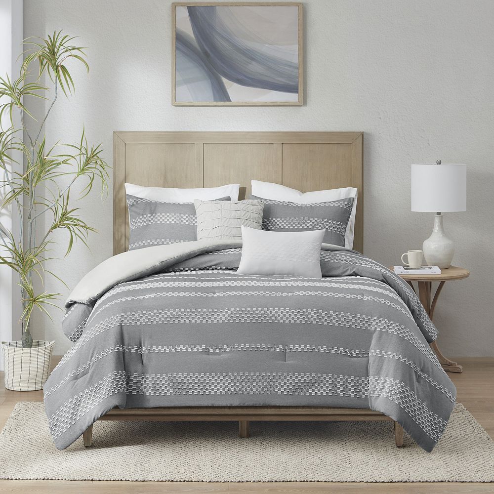 Madison Park Hendry 5-Piece Clipped Jacquard Striped Comforter Set with Throw Pillows - KING/CK