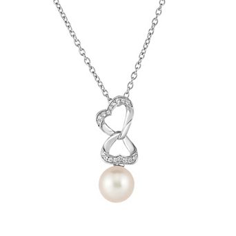 Oro Leoni Sterling Silver Freshwater Cultured Pearl & Cubic Zirconia Heart Pendant Necklace