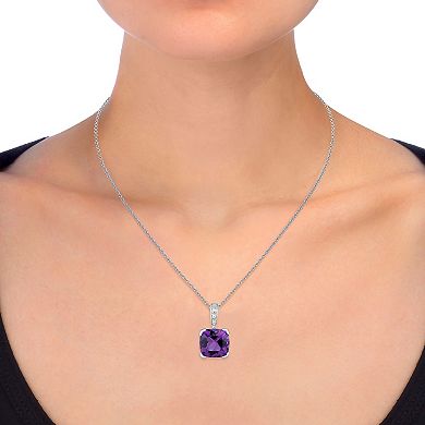 Oro Leoni Sterling Silver Amethyst & Diamond Accent Cushion Pendant Necklace