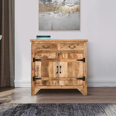Artisanal Farmhouse Style 2 Drawer Mango Wood Cabinet Console with 2 Door Storage