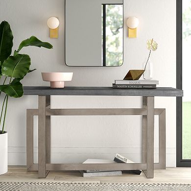 59 Inch Artisan Sideboard Console Table With Geometric Interlocked Base, Distressed Matte Gray