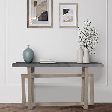 59 Inch Artisan Sideboard Console Table With Geometric Interlocked Base, Distressed Matte Gray