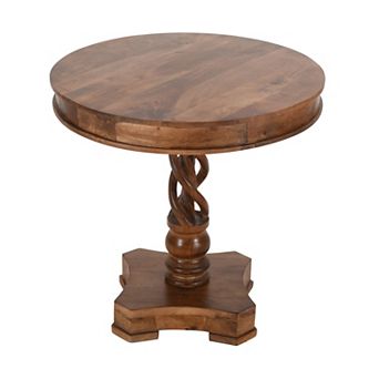 30 Inch Handcrafted Round Mango Wood Dinette, Artisanal Twisted Pedestal Base, Walnut Brown