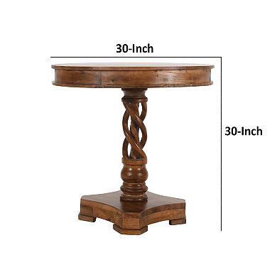 30 Inch Handcrafted Round Mango Wood Dinette, Artisanal Twisted Pedestal Base, Walnut Brown