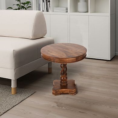 30 Inch Handcrafted Round Mango Wood Dinette, Artisanal Twisted Pedestal Base, Walnut Brown