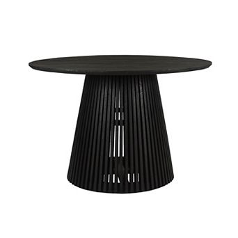 Ridge 47 Inch Handcrafted Mango Wood Round Dining Table, Slatted Flared Base, Black