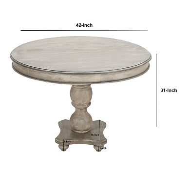 42 Inch Handcrafted Mango Wood Dining Table with Pedestal Base, Round Molded Top, Washed White
