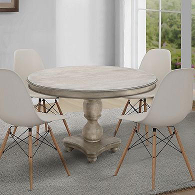 42 Inch Handcrafted Mango Wood Dining Table with Pedestal Base, Round Molded Top, Washed White