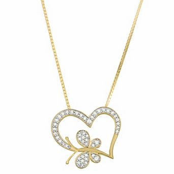 HDI Gold Plated 1/4 Carat T.W. Diamond Heart and Butterfly Pendant Necklace