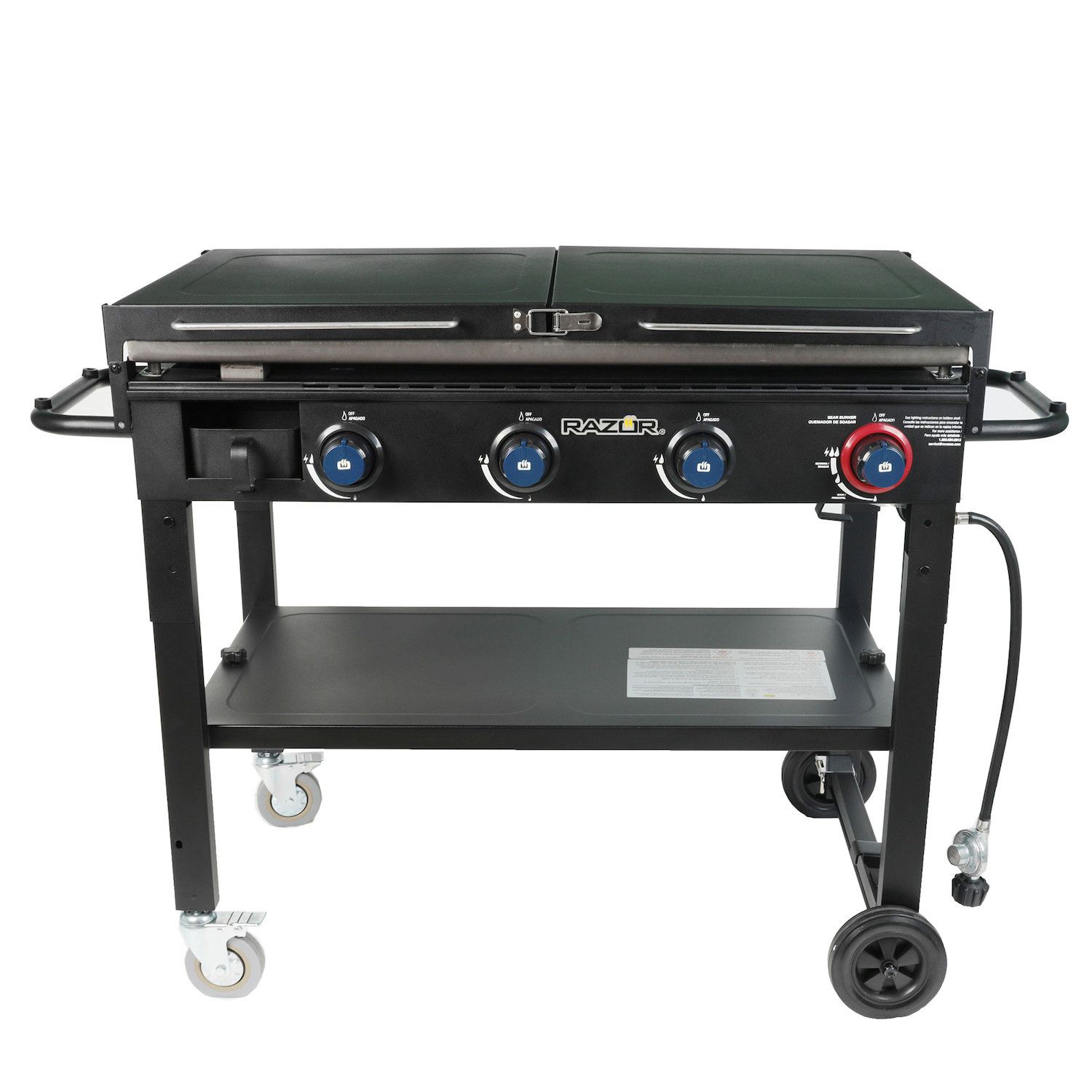 Outsunny 4+1 Burner Liquid Propane Gas Grill Outdoor Cabinet Style BBQ  Trolley w/ Side Burner Warming Rack Side Shelf Storage Cabinet Thermometer  4 Wheels Carbon Steel Black