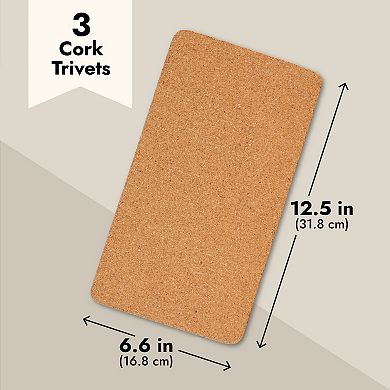 3 Pack Rectangle Cork Trivets for Hot Dishes, Cork Placemats (12.5x6.6 In)