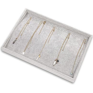 Gray Velvet Stackable Jewelry Organizer Tray, 20 Hooks for Necklaces, Bracelets, Pendants (13.5 x 9.5 In)