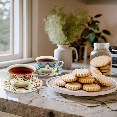 Set Of 6 Vintage Floral Tea Cups And Saucers For Tea Party Supplies, Blue, Pink