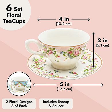 Set Of 6 Vintage Floral Tea Cups And Saucers For Tea Party Supplies, Blue, Pink