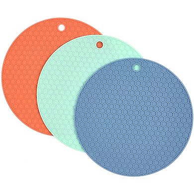 Round Silicone Trivets for Kitchen in Blue, Teal, Salmon (7 Inches, 6 Pack)