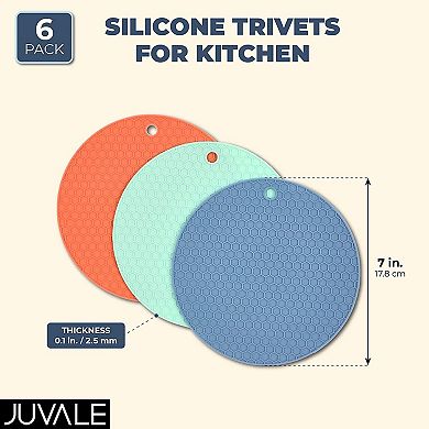 Round Silicone Trivets for Kitchen in Blue, Teal, Salmon (7 Inches, 6 Pack)