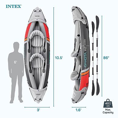 Intex Dakota K2 2 Person Vinyl Inflatable Kayak and Accessory Kit w/ Oars & Pump
