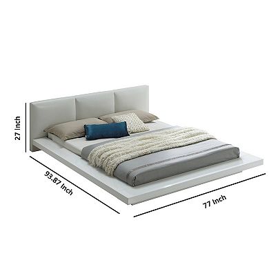 Wooden Queen Size Low Profile Bed with Padded Headboard, White
