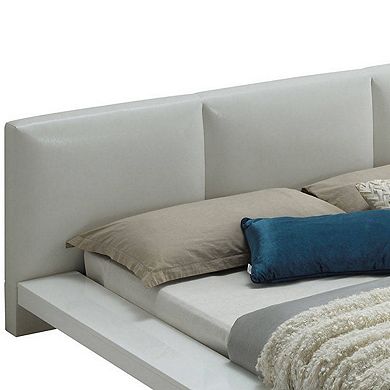 Wooden Queen Size Low Profile Bed with Padded Headboard, White