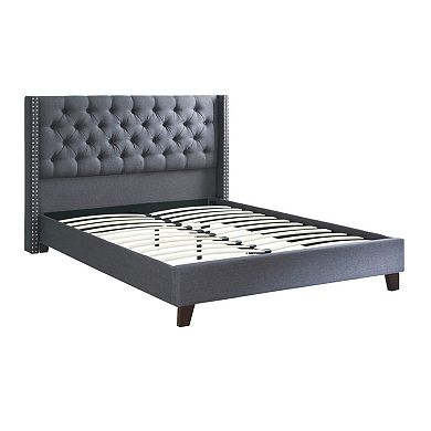 Polyfiber Upholstered Full Size Bed Featuring Nail head Trim Blue Gray