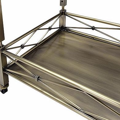 Two Tiered Metal Serving Cart with Glass Shelves and Side Rails, Antique Gold