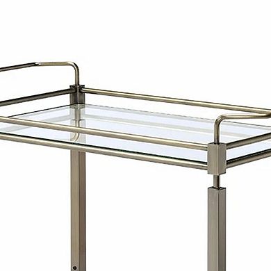 Two Tiered Metal Serving Cart with Glass Shelves and Side Rails, Antique Gold