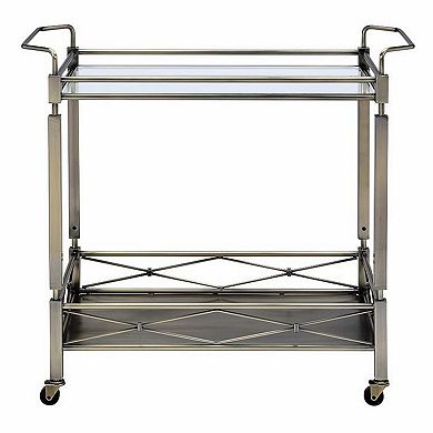 Two Tiered Metal Serving Cart with Glass Shelves and Side Rails, Antique Gold