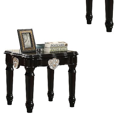 Wooden End Table With Contrast Carved Motif Turned Legs, Black