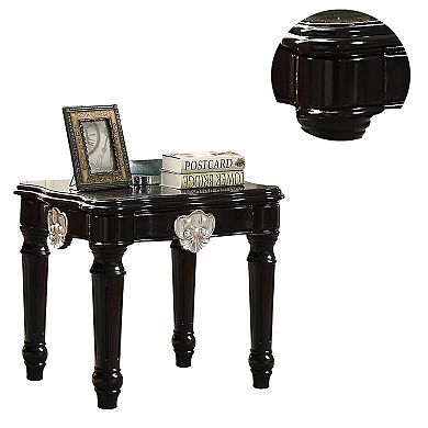 Wooden End Table With Contrast Carved Motif Turned Legs, Black