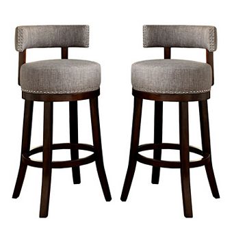 Swivel Barstool with Curved Open Low Back, Set of 2, Gray and Brown
