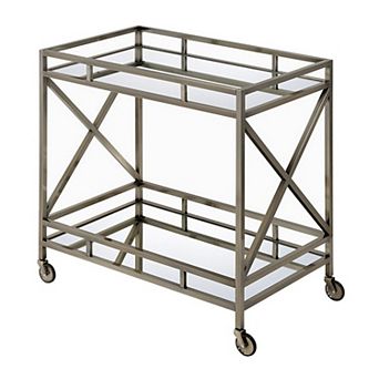 Metal Framed Two Tier Serving Cart With X Shaped Side Panels, Mirrored, Antique Gold