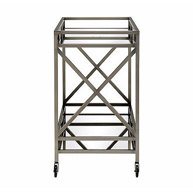Metal Framed Two Tier Serving Cart With X Shaped Side Panels, Mirrored, Antique Gold