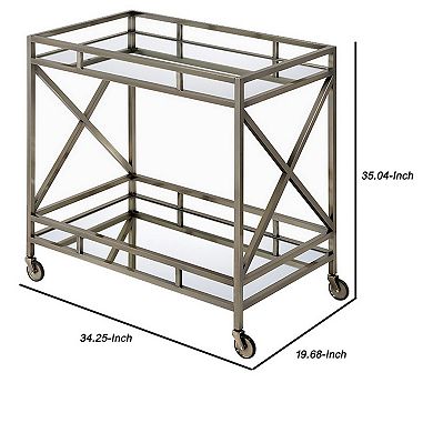Metal Framed Two Tier Serving Cart With X Shaped Side Panels, Mirrored, Antique Gold