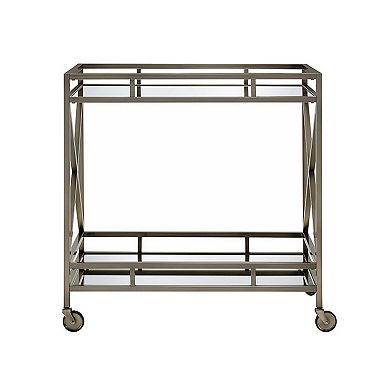 Metal Framed Two Tier Serving Cart With X Shaped Side Panels, Mirrored, Antique Gold