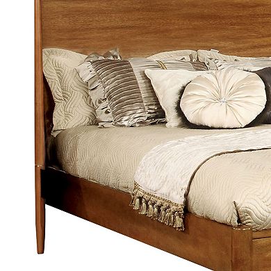Mid Century Modern Wood Queen Bed with Round Tapered Legs, Rustic Oak