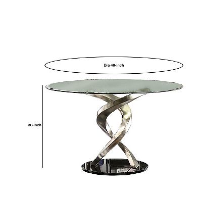 Contemporary Round Dining Table with Swirl Metal Base, Black and Silver