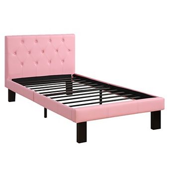 Faux Leather Upholstered Twin size Bed With tufted Headboard Pink