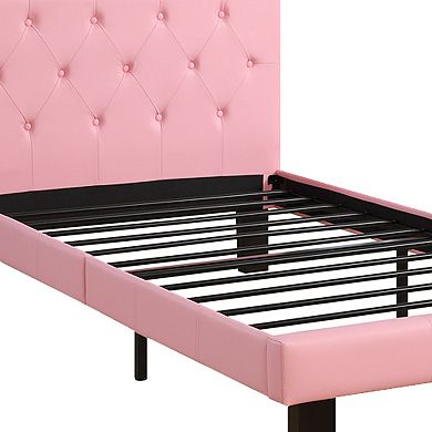 Faux Leather Upholstered Twin size Bed With tufted Headboard Pink