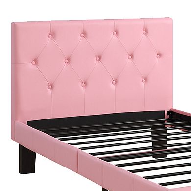 Faux Leather Upholstered Twin size Bed With tufted Headboard Pink