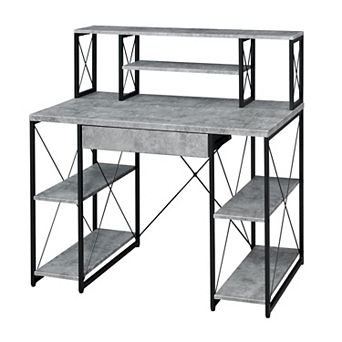 Metal Desk with 4 Open Bottom Shelves and Bookcase Hutch, Gray and Black