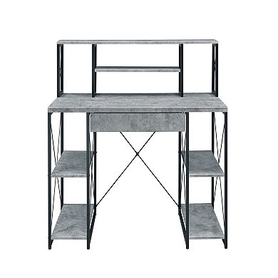 Metal Desk with 4 Open Bottom Shelves and Bookcase Hutch, Gray and Black