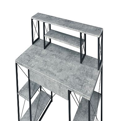 Metal Desk with 4 Open Bottom Shelves and Bookcase Hutch, Gray and Black