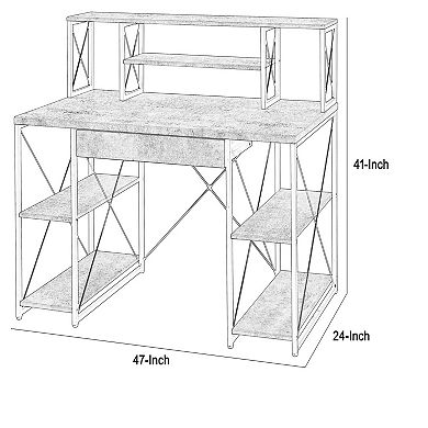 Metal Desk with 4 Open Bottom Shelves and Bookcase Hutch, Gray and Black