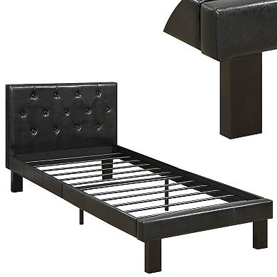 Faux Leather Upholstered Twin size Bed With tufted Headboard Black