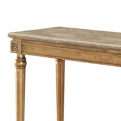 Marble Top Sofa Table With Fluted Detail Wooden Turned Legs, Gold