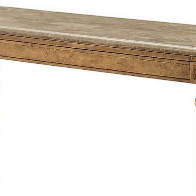 Marble Top Sofa Table With Fluted Detail Wooden Turned Legs, Gold