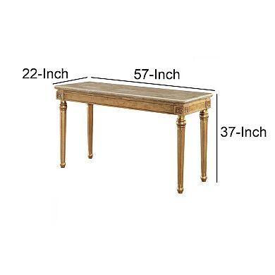 Marble Top Sofa Table With Fluted Detail Wooden Turned Legs, Gold
