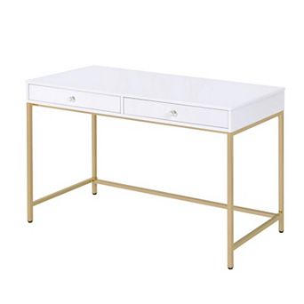 Two Drawers Wooden Desk with Tubular Metal Base, White and Gold