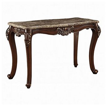 Marble Top Sofa Table With Carved Floral Motifs Wooden Feet, Brown
